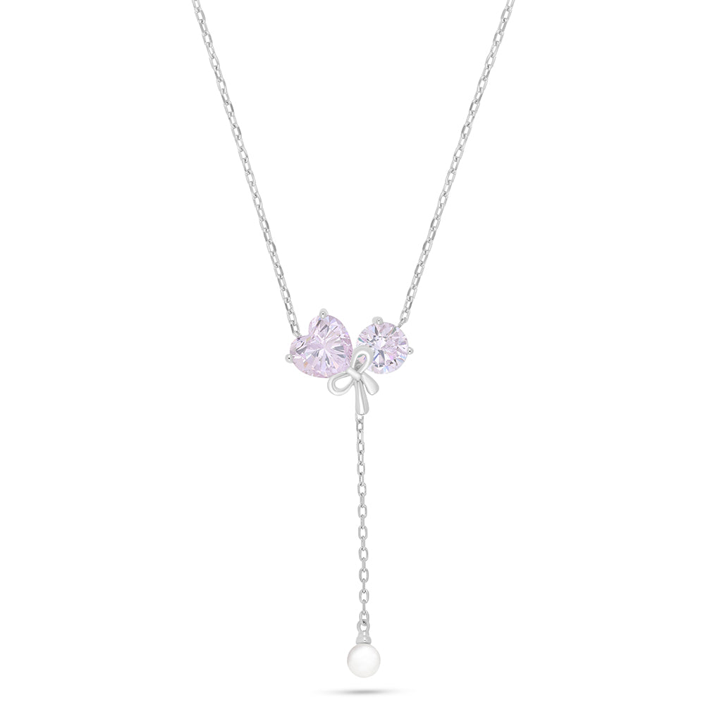 Sterling Silver 925 Necklace Rhodium Plated Embedded With Natural White Pearl And Pink Zircon And White Zircon