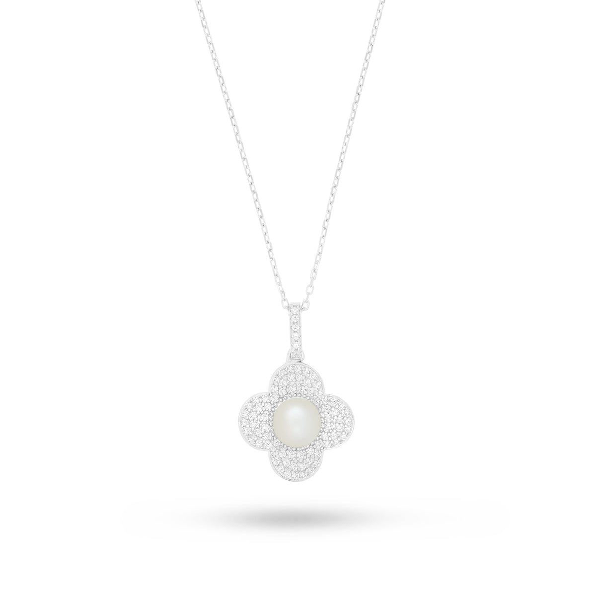 Sterling Silver 925 Necklace Rhodium Plated Embedded With Natural White Pearl And White Zircon