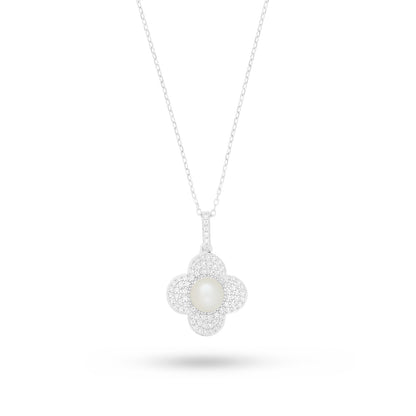 Sterling Silver 925 Necklace Rhodium Plated Embedded With Natural White Pearl And White Zircon