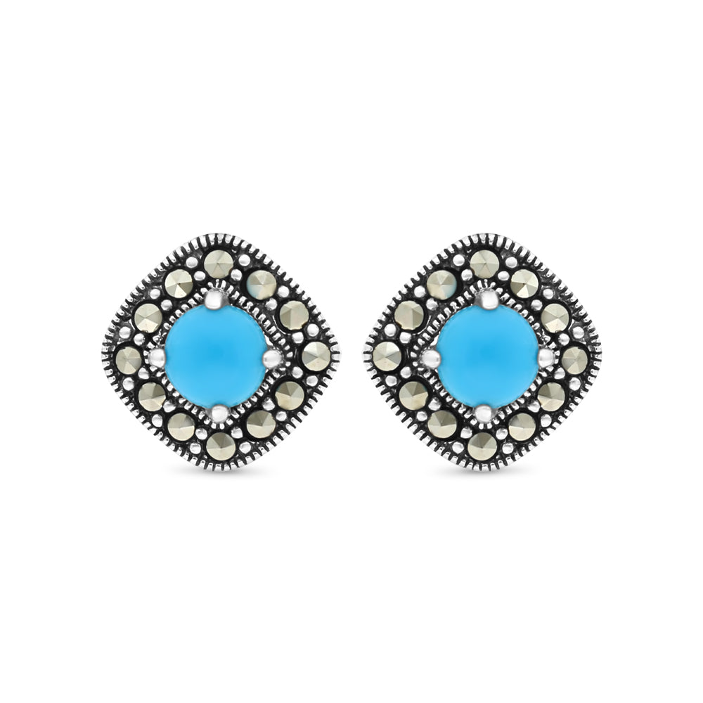 Sterling Silver 925 Earring Embedded With Natural Processed Turquoise And Marcasite Stones
