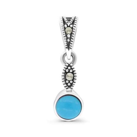 Sterling Silver 925 Pendant Embedded With Natural Processed Turquoise And Marcasite Stones