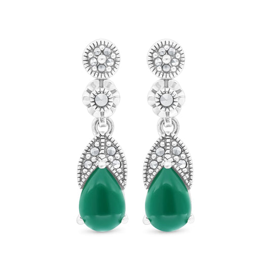 Sterling Silver 925 Earring Embedded With Natural Green Agate And Marcasite Stones