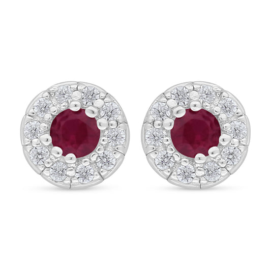 Sterling Silver 925 Earring Rhodium Plated Embedded With Ruby Corundum And White Zircon