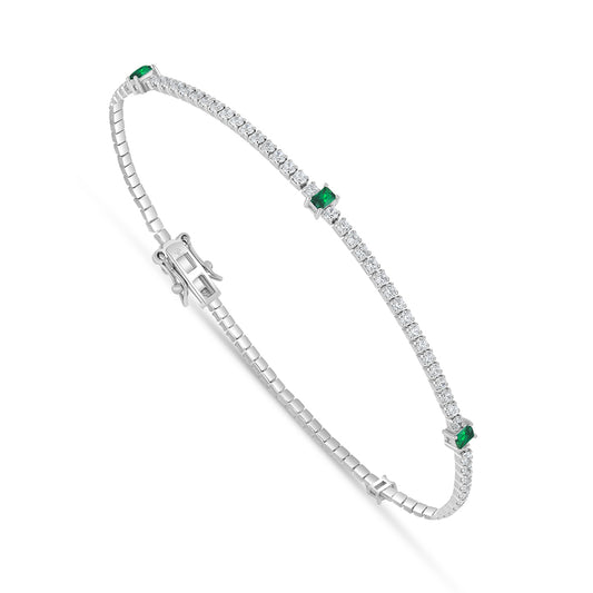 Sterling Silver 925 Bracelet Rhodium Plated Embedded With Emerald Zircon And White Zircon