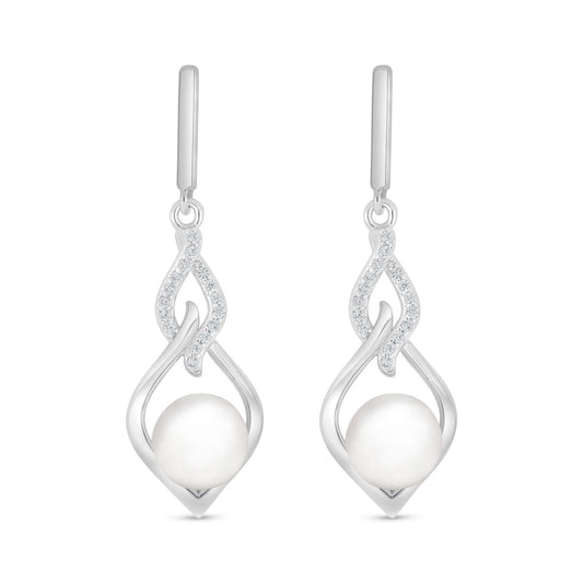 Sterling Silver 925 Earring Rhodium Plated Embedded With Natural White Pearl And White Zircon