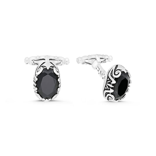 Sterling Silver 925 Cufflink Rhodium And Black Plated Embedded With Black Spinal Stone