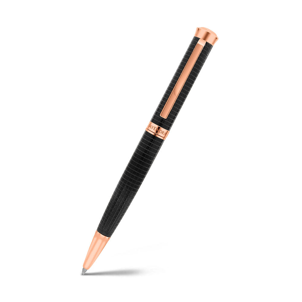 Fayendra Pen Black And Rose Plated Embedded With Checkered Pattern