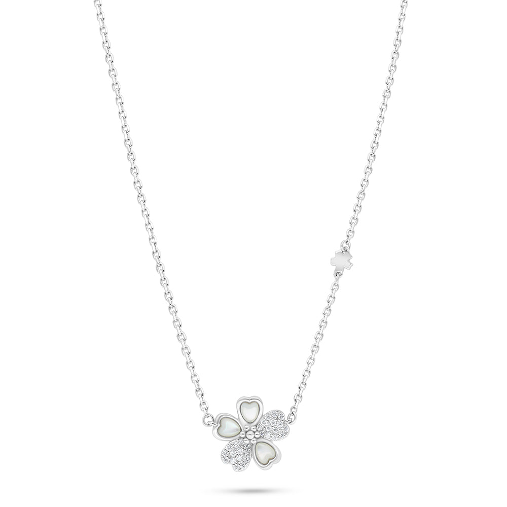Sterling Silver 925 Necklace Rhodium Plated Embedded With White Shell And White Zircon