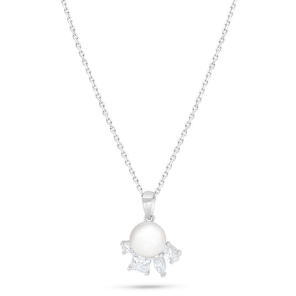 عقد من الفضة الخالصة عيار 925 مطلي روديوم مرصع لولو ابيض طبيعي و زركون كناري الماسي و فص ابيض