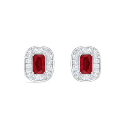 Sterling Silver 925 Earring Rhodium Plated Embedded With Ruby Corundum And White Zircon