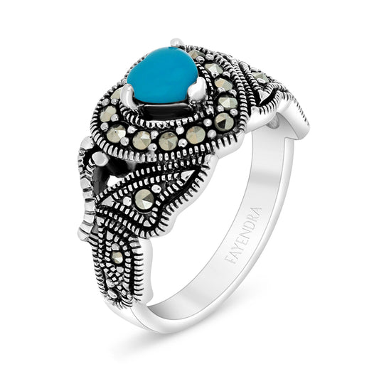 Sterling Silver 925 Ring Embedded With Natural Processed Turquoise And Marcasite Stones