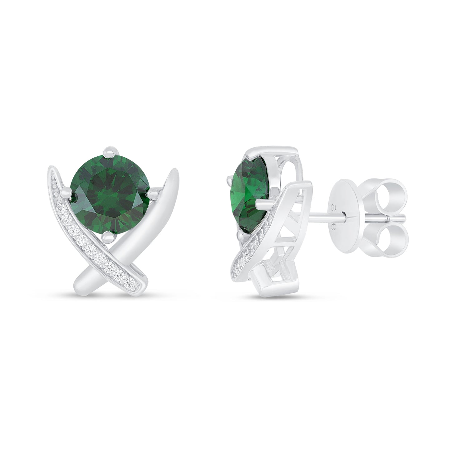 Sterling Silver 925 Earring Rhodium Plated Embedded With Emerald Zircon And White Zircon
