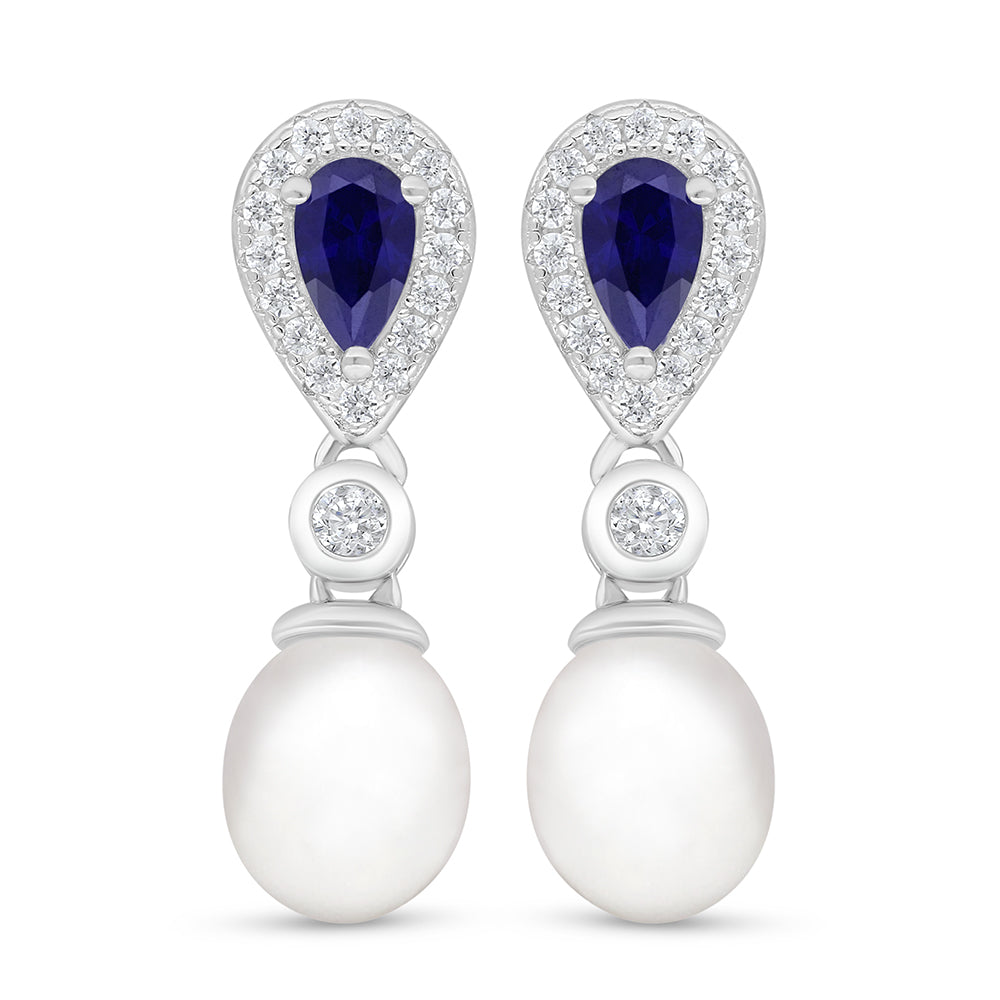 Sterling Silver 925 Earring Rhodium Plated Embedded With Natural White Pearl , Sapphire Corundum And White Zircon