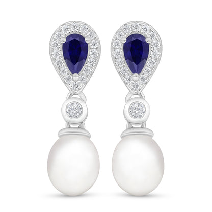 Sterling Silver 925 Earring Rhodium Plated Embedded With Natural White Pearl , Sapphire Corundum And White Zircon