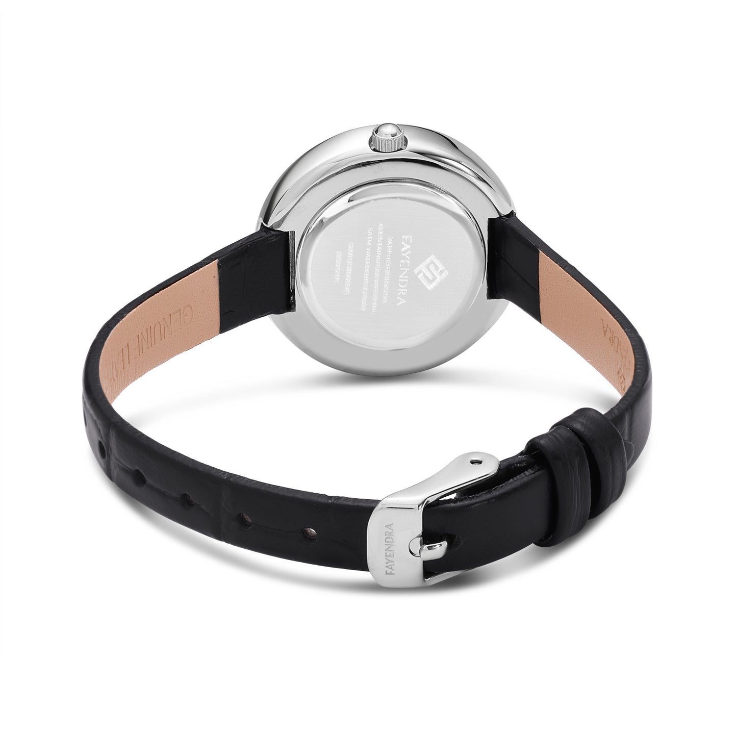 Stainless Steel 316 Watch Silver Color Black Leather Embedded With White Zircon - White MOP DIAL