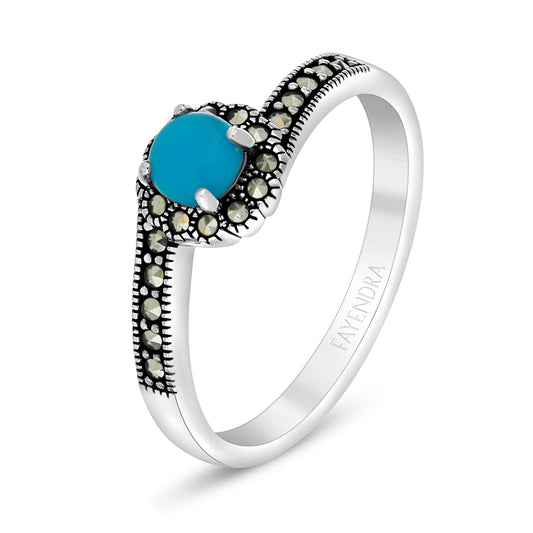 Sterling Silver 925 Ring Embedded With Natural Processed Turquoise And Marcasite Stones