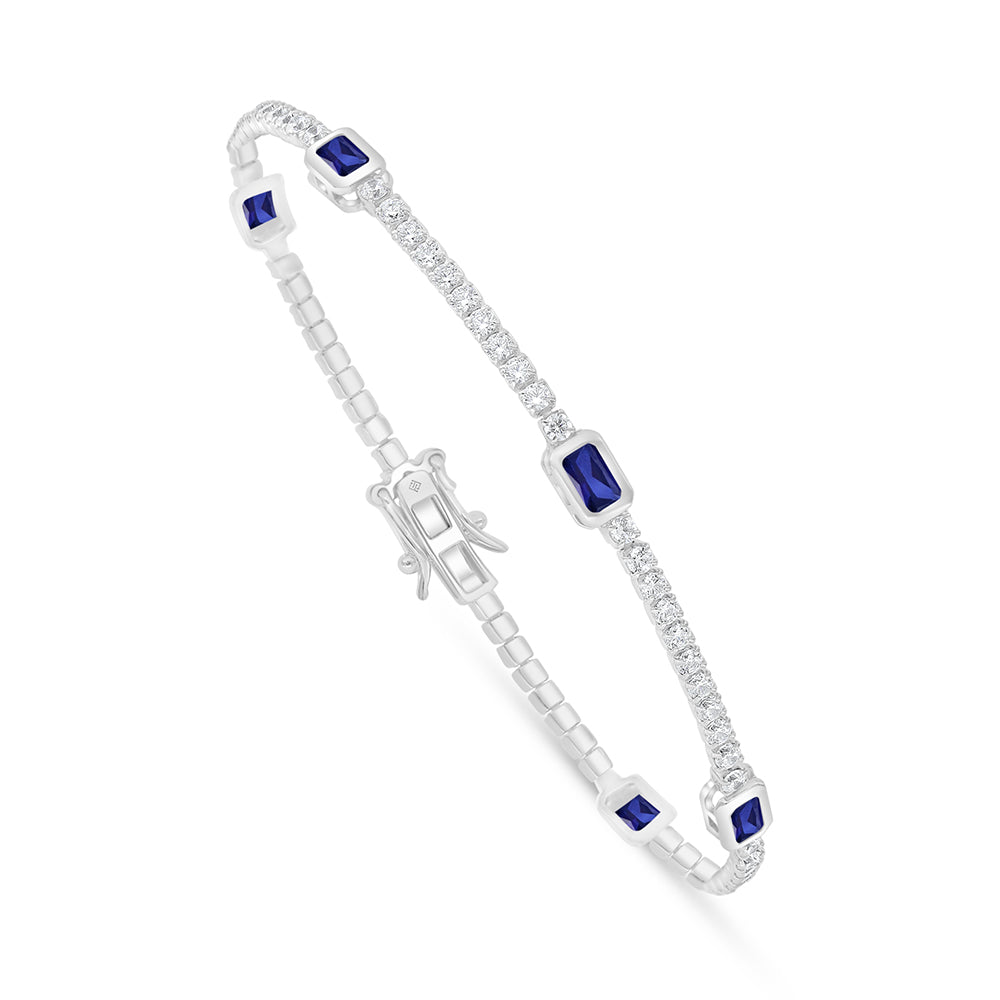 Sterling Silver 925 Bracelet Rhodium Plated Embedded With Sapphire Corundum And White Zircon