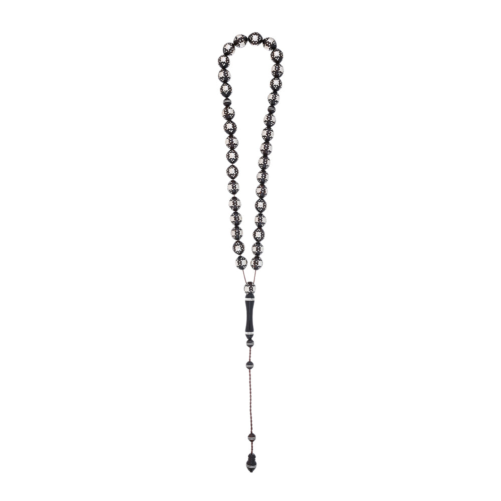 Rosary 33 Kuk Belya Bead 10 mm, Hand Carved Silver Engraved African style