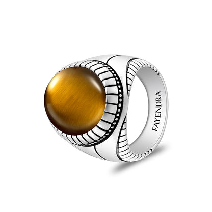 Sterling Silver 925 Ring Rhodium And Black Plated Embedded With Cabochon Yellow Tiger Eye For Men