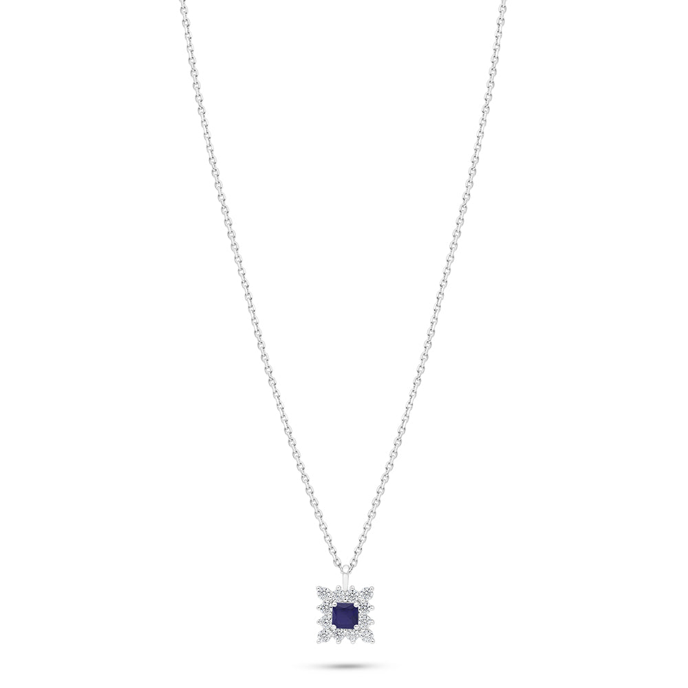 Sterling Silver 925 Necklace Rhodium Plated Embedded With Sapphire Corundum And White Zircon