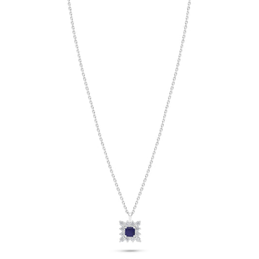 Sterling Silver 925 Necklace Rhodium Plated Embedded With Sapphire Corundum And White Zircon