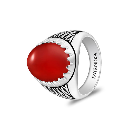 Sterling Silver 925 Ring Rhodium And Black Plated Embedded With Cabochon Red Agate For Men