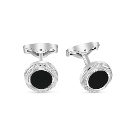 Stainless Steel Cufflink 316L Silver Color Embedded With Black Agate Shiny Steel