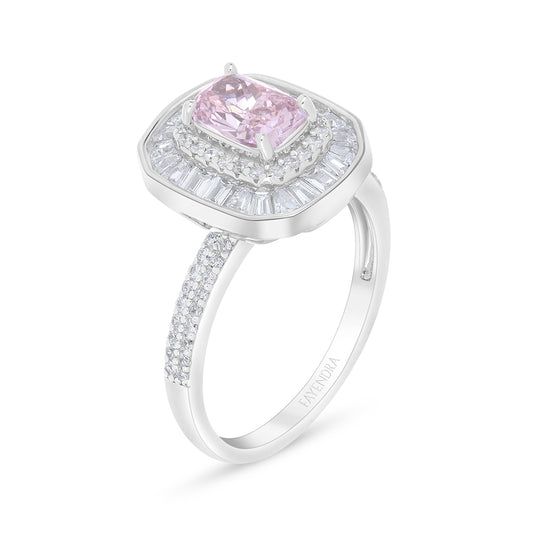 Sterling Silver 925 Ring Rhodium Plated Embedded With Pink Zircon And White Zircon
