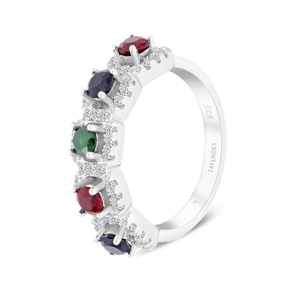 Sterling Silver 925 Ring Rhodium Plated Sapphire Corundum , Ruby Corundum , Emerald Zircon