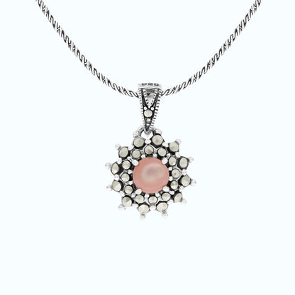 Sterling Silver 925 Pendant Embedded With Natural Pink Shell And Marcasite Stones