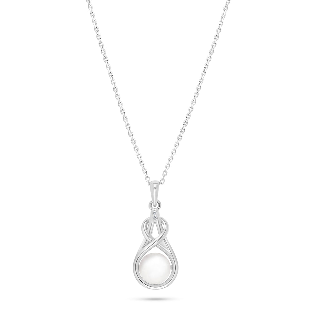 Sterling Silver 925 Necklace Rhodium Plated Embedded With Natural White Pearl And White Zircon