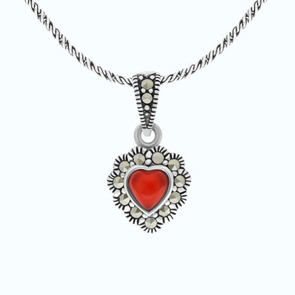 Sterling Silver 925 Pendant Embedded With Natural Aqiq And Marcasite Stones