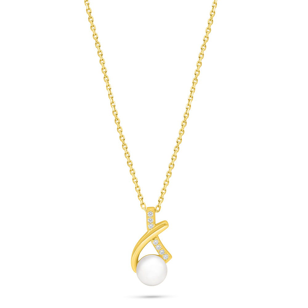 Sterling Silver 925 Necklace Golden Plated Embedded With Natural White Pearl And White Zircon
