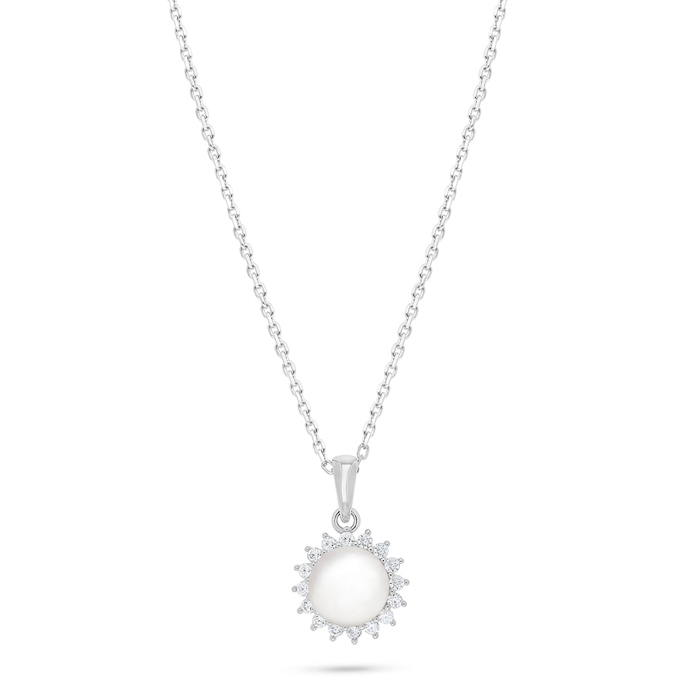 Sterling Silver 925 Necklace Rhodium Plated Embedded With Natural White Pearl And White Zircon