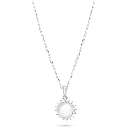 Sterling Silver 925 Necklace Rhodium Plated Embedded With Natural White Pearl And White Zircon