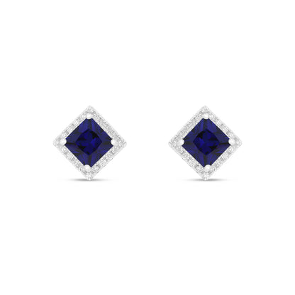 Sterling Silver 925 Earring Rhodium Plated Embedded With Sapphire Corundum And White Zircon