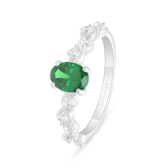 Sterling Silver 925 Ring Rhodium Plated Embedded With Emerald Zircon And White Zircon