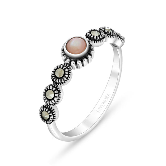 Sterling Silver 925 Ring Embedded With Natural Pink Shell And Marcasite Stones