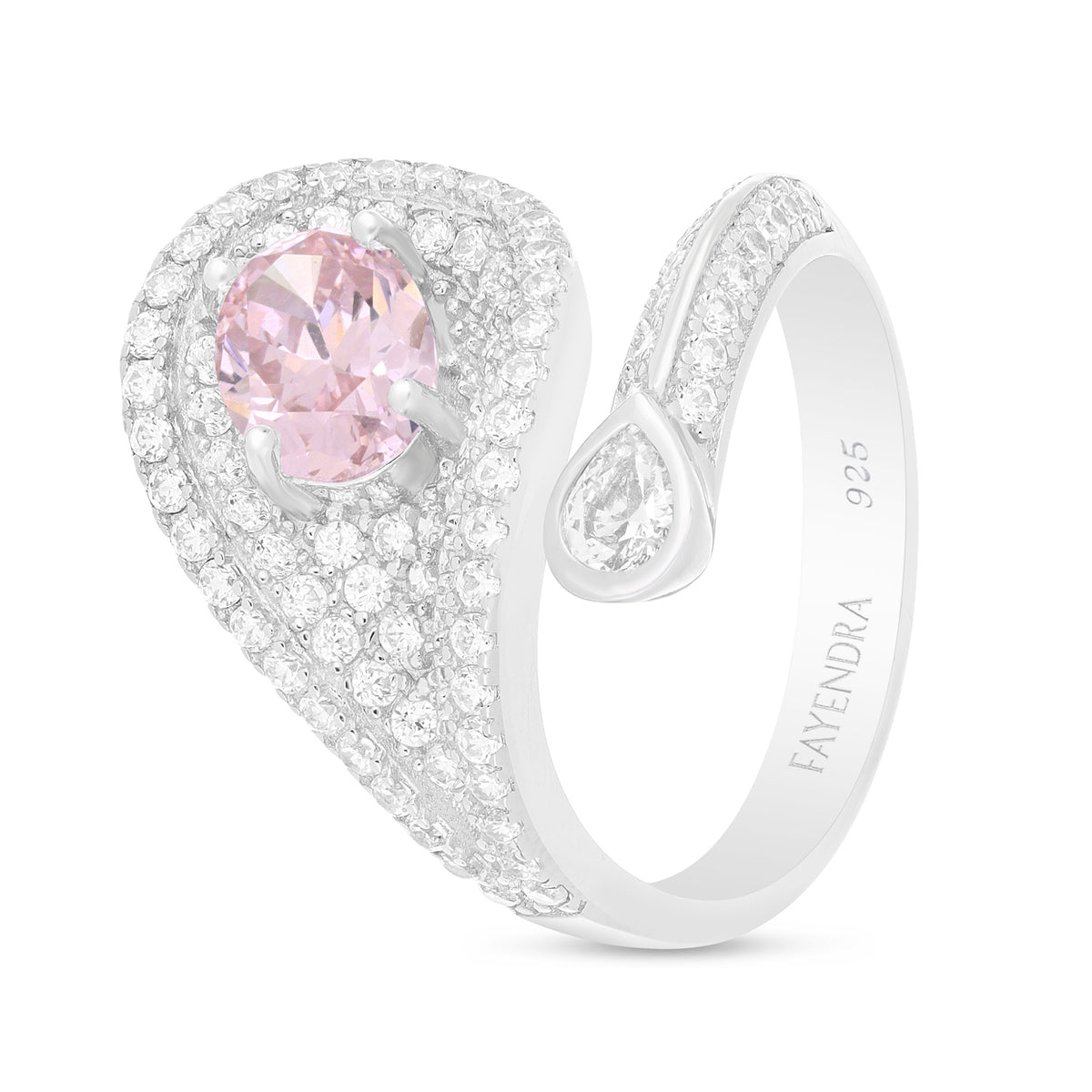 Sterling Silver 925 Ring Rhodium Plated Embedded With Pink Zircon And White Zircon