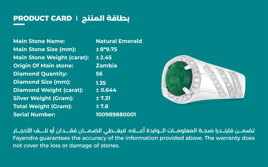 Sterling Silver 925 Men Ring Rhodium Plated Embedded With Natural Emerald And Natural Diamond (CVD)