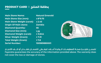 Sterling Silver 925 Men Ring Rhodium Plated Embedded With Natural Emerald And Natural Diamond (CVD)