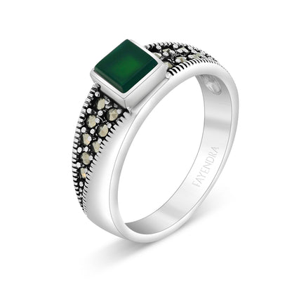 Sterling Silver 925 Ring Embedded With Natural Green Agate And Marcasite Stones