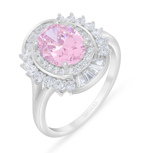 Sterling Silver 925 Ring Rhodium Plated Embedded With Pink Zircon And White Zircon