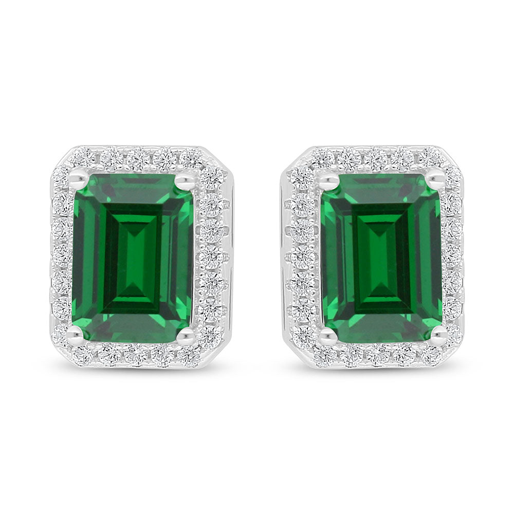 Sterling Silver 925 Earring Rhodium Plated Embedded With Emerald Zircon And White Zircon