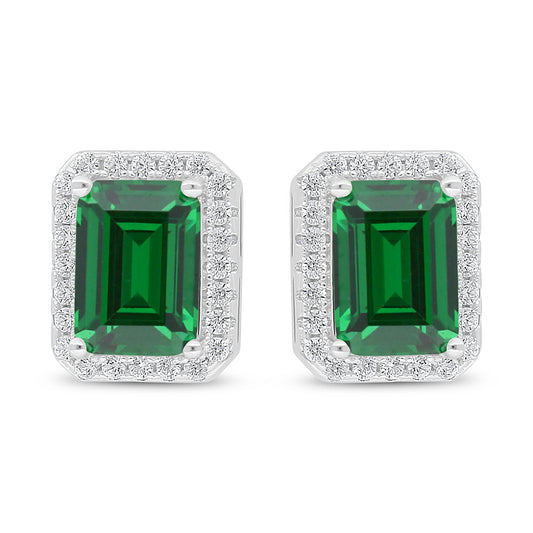 Sterling Silver 925 Earring Rhodium Plated Embedded With Emerald Zircon And White Zircon