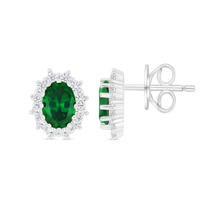 Sterling Silver 925 Earring Rhodium Plated Embedded With Emerald Zircon And White Zircon