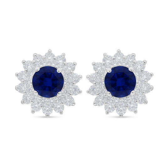 Sterling Silver 925 Earring Rhodium Plated Embedded With Sapphire Corundum And White Zircon