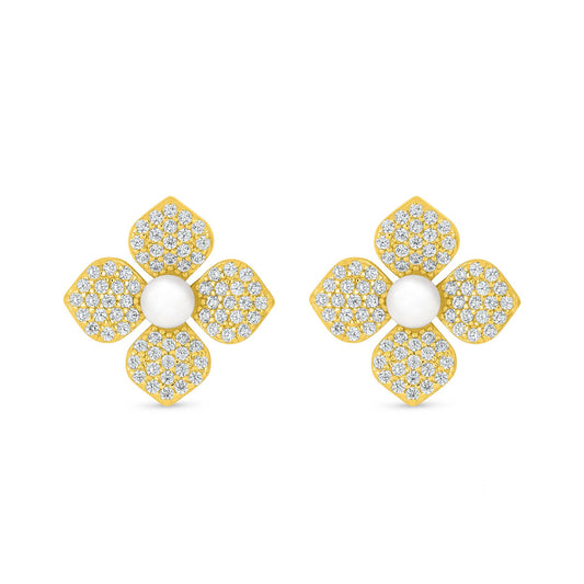 Sterling Silver 925 Earring Golden Plated Embedded With Natural White Pearl And White Zircon