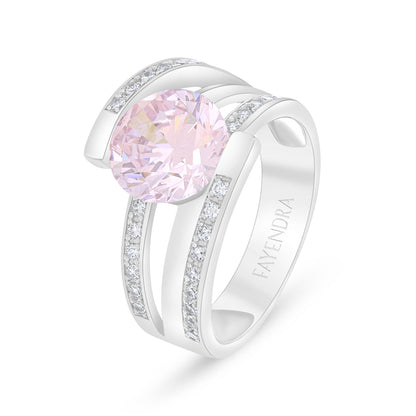 Sterling Silver 925 Ring Rhodium Plated Embedded With Pink Zircon And White Zircon
