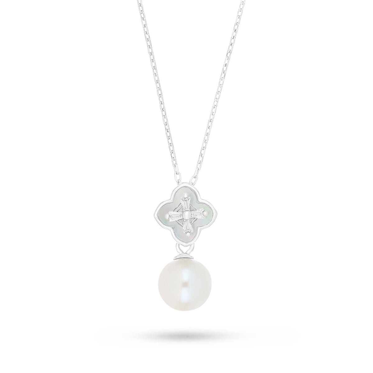 Sterling Silver 925 Necklace Rhodium Plated Embedded With Natural White Pearl And White Zircon